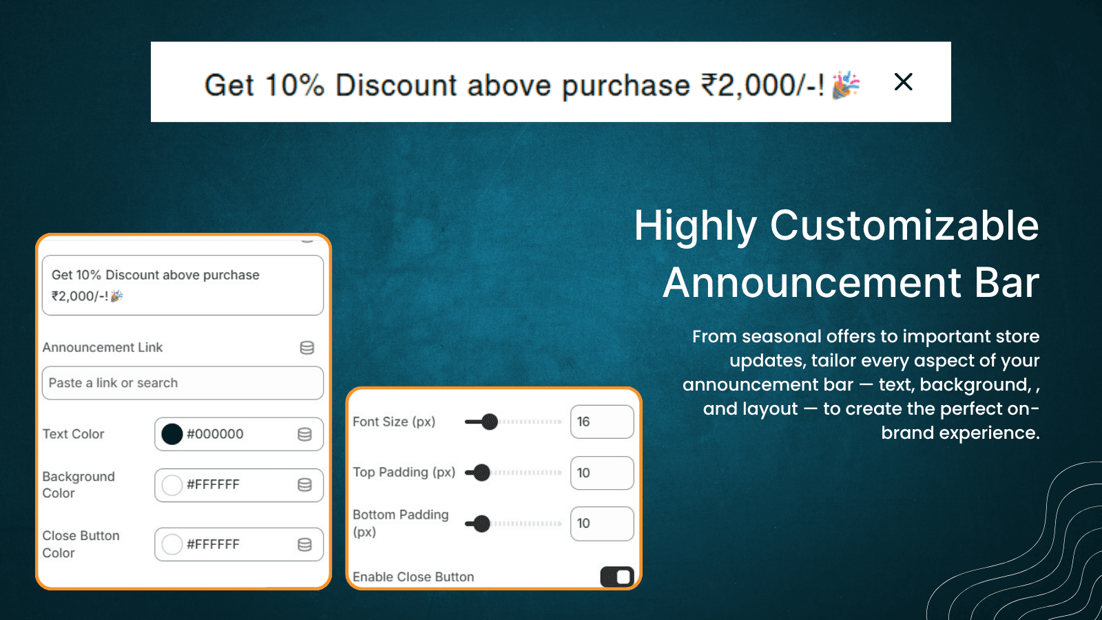 Customizable static announcement bar editor preview
