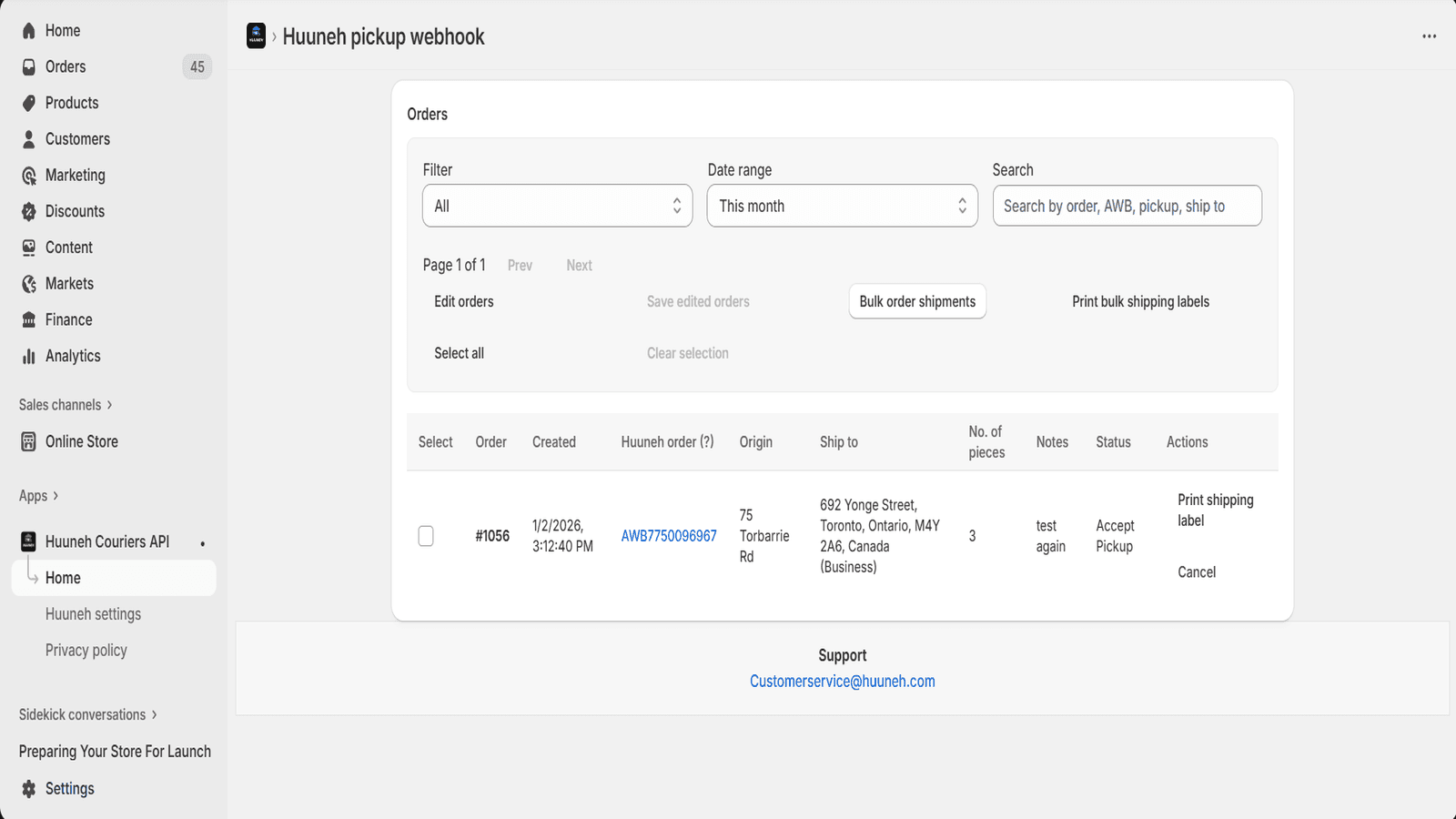 Dashboard with bulk labels, pickups, & GTA delivery tracking no.