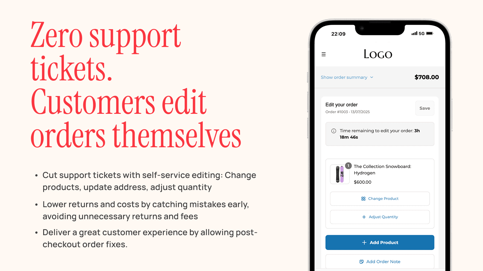 Self-service order editing widget on mobile order status page