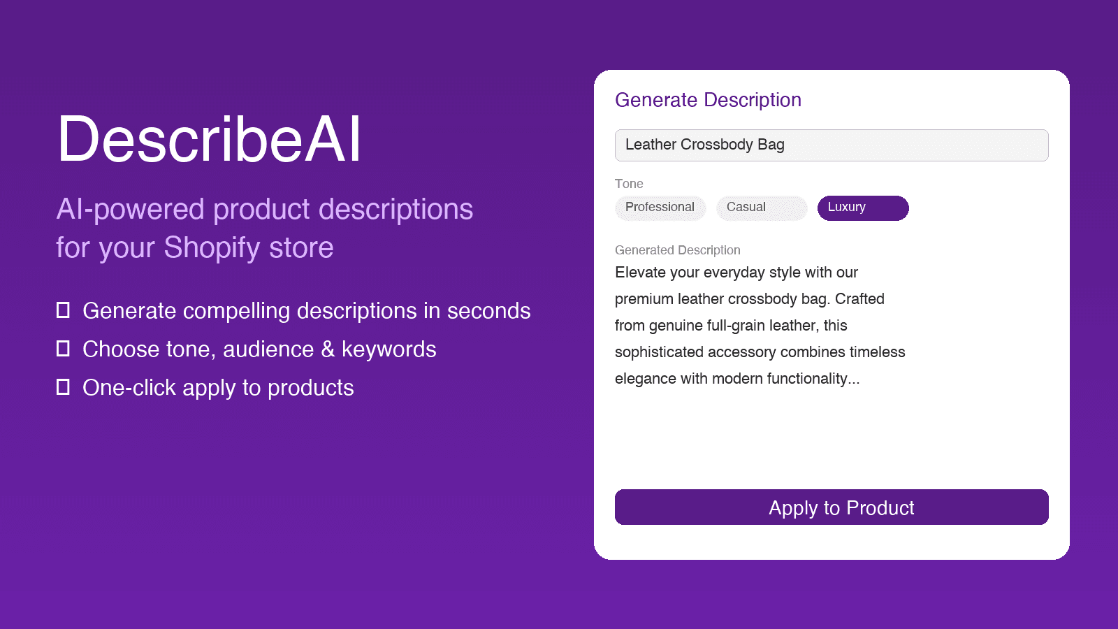 DescribeAI app dashboard showing AI-generated product descriptio