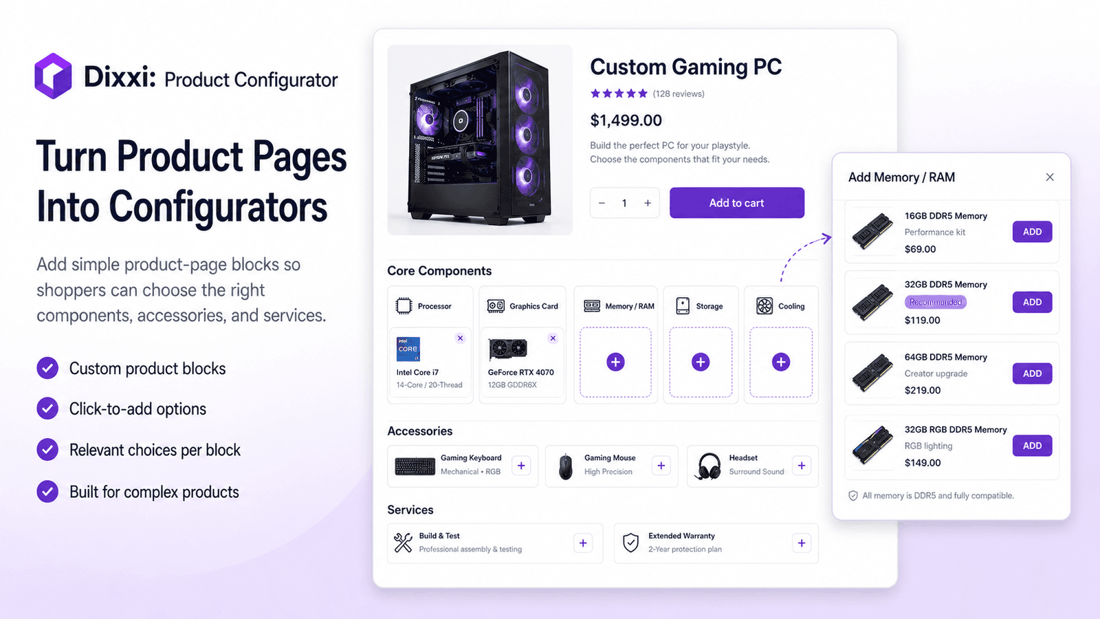 Shopify product configurator showing side wall options and upgra