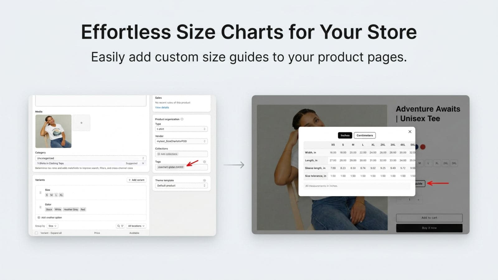 Image depicting the size guide button on shopify product page
