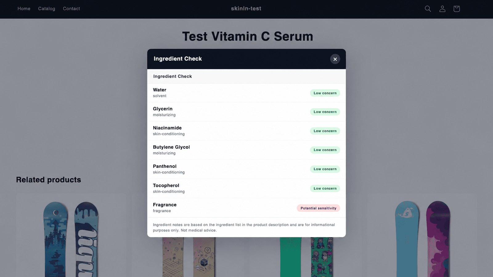 Ingredient check results displayed on a Shopify product page