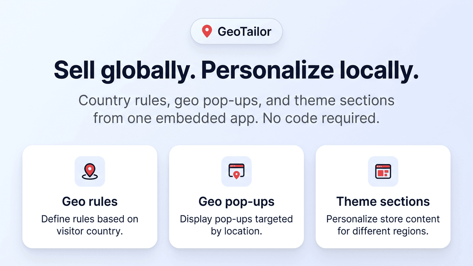 GeoTailor hero: headline plus rules, pop-ups, theme sections.
