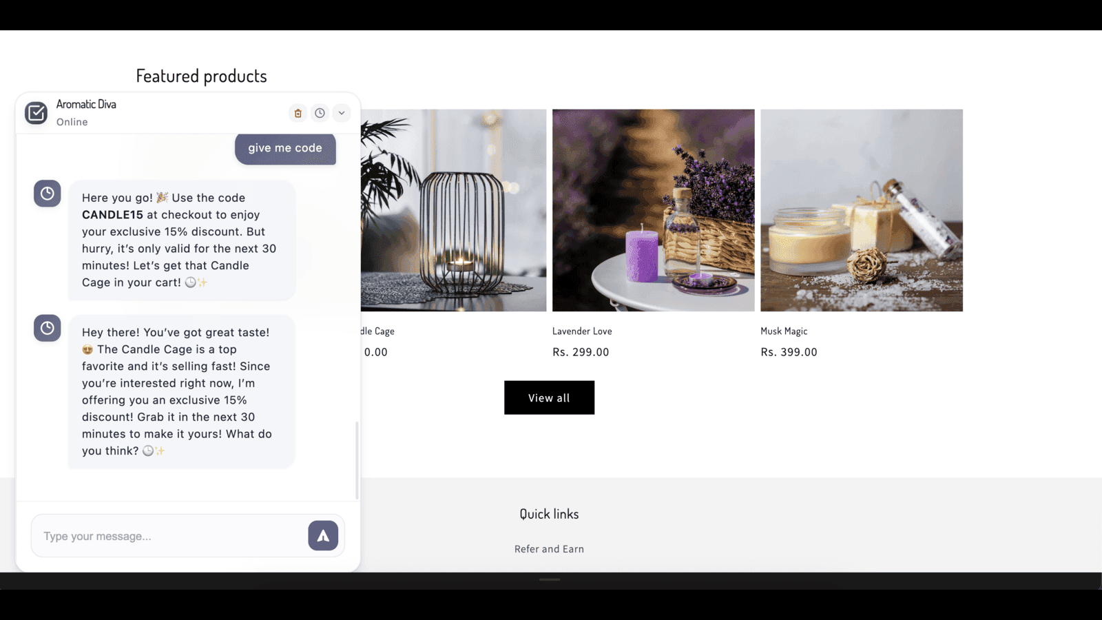 Aikaara Chat Window Offering Discount in action.
