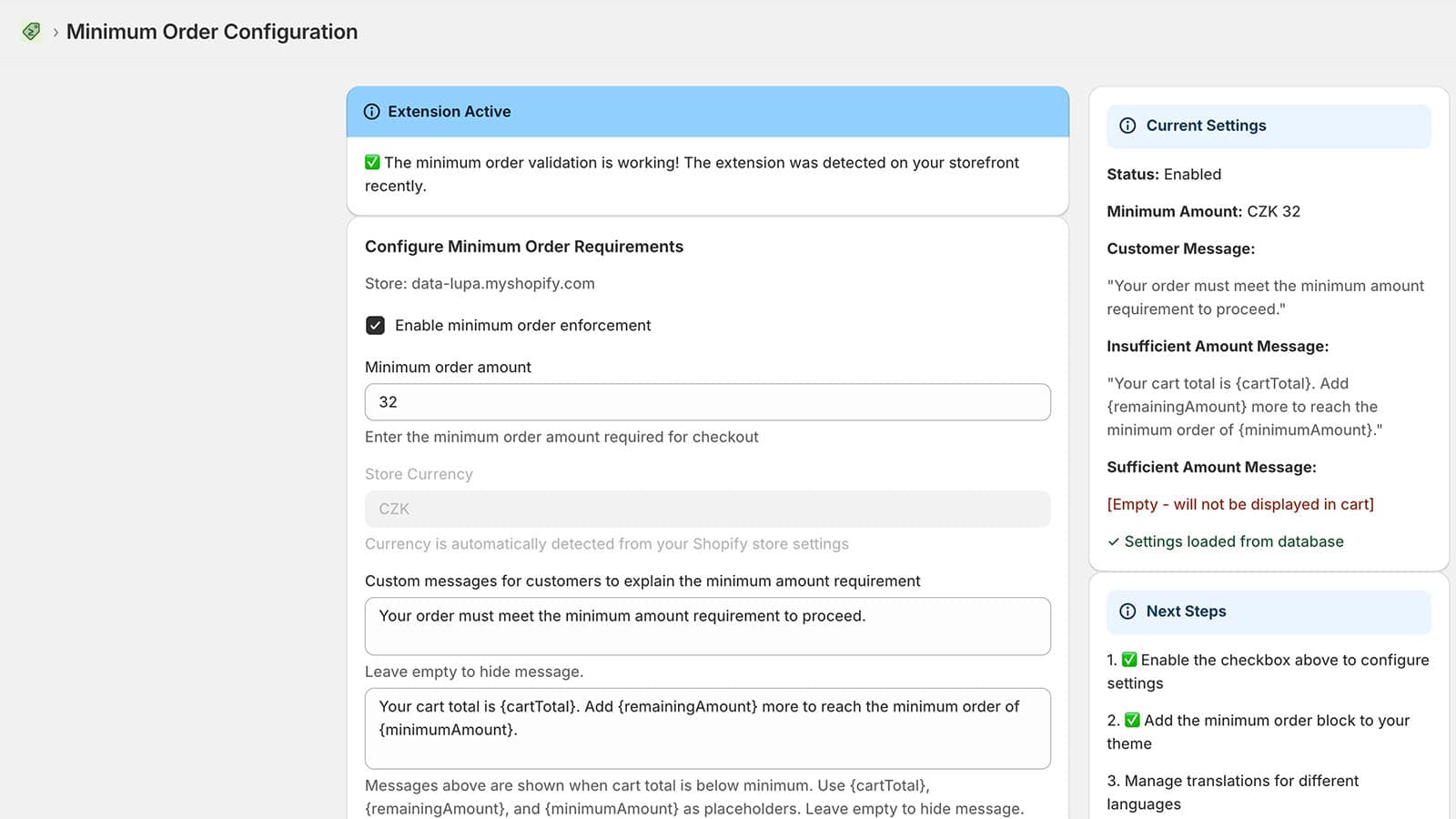 Simple Minimum Order - Dashboard