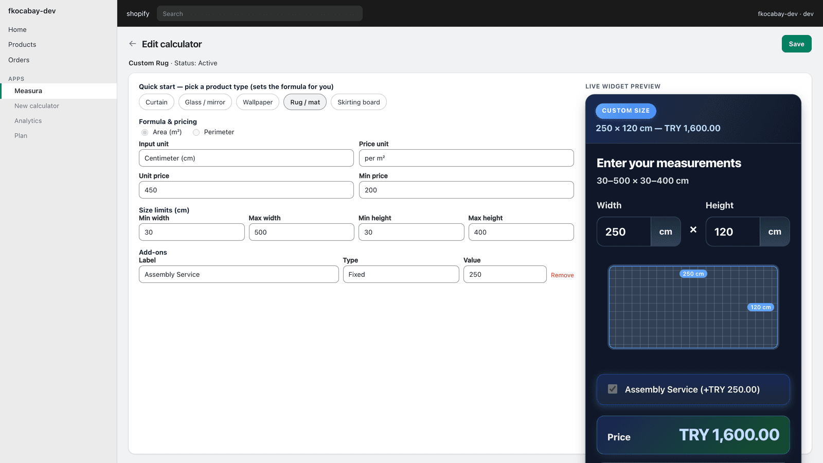 Admin rug calculator setup with live widget preview