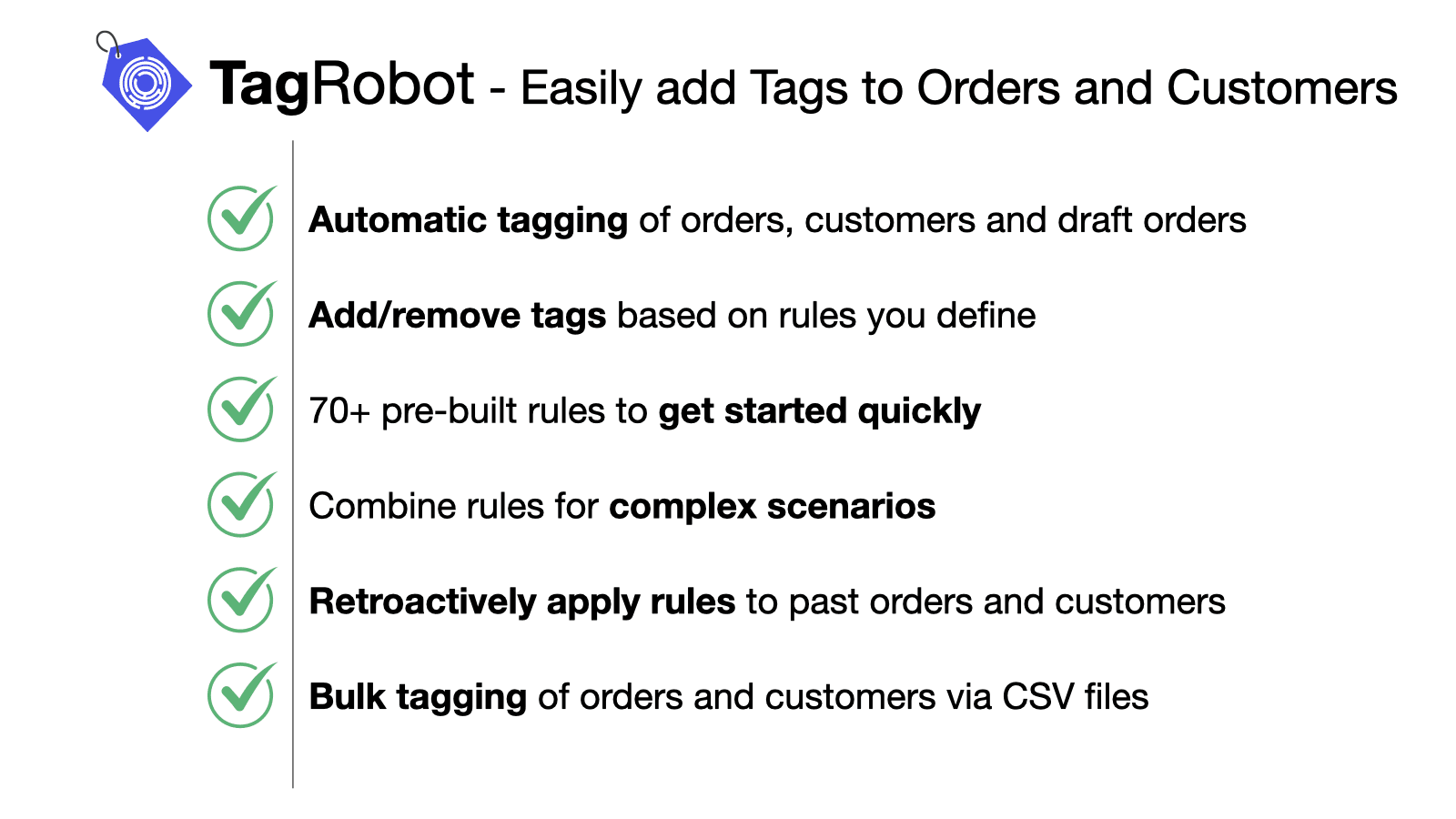 Easily add tags to your Orders, Customers and Draft Orders.
