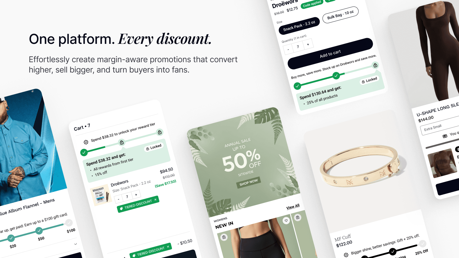 Layered gift-with-purchase, discount tiers, and up to X% off