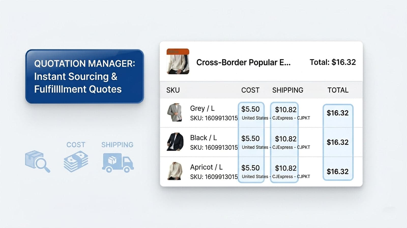 Product sourcing dashboard showing SKU costs and shipping fees.