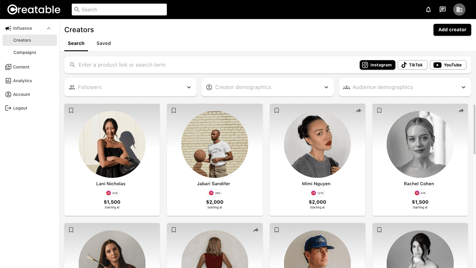 Enter a product to discover creators with AI