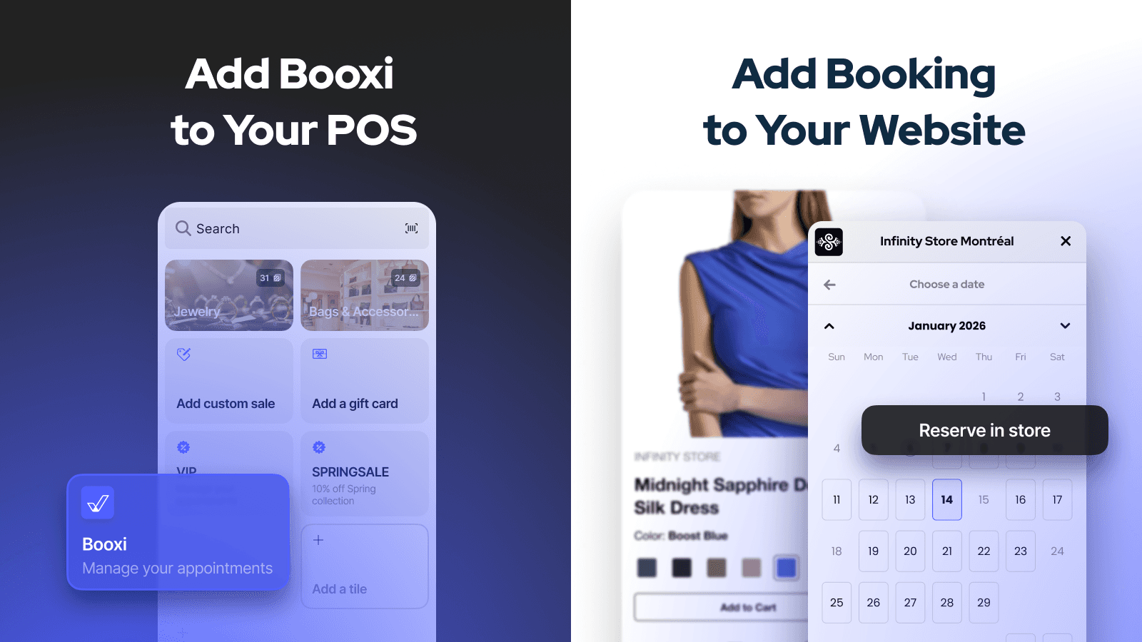 Booxi interface on website and Shopify POS.