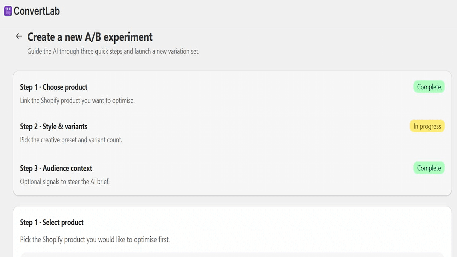 Step 1: Choose a product you want to A/B test with ConvertLab