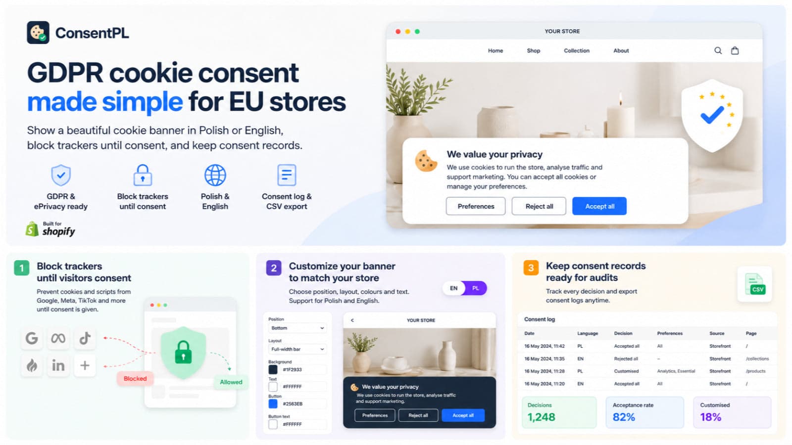 ConsentPL GDPR cookie consent for EU Shopify stores