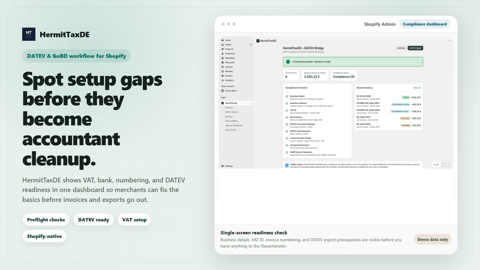 HermitTax dashboard with preflight tax compliance checks
