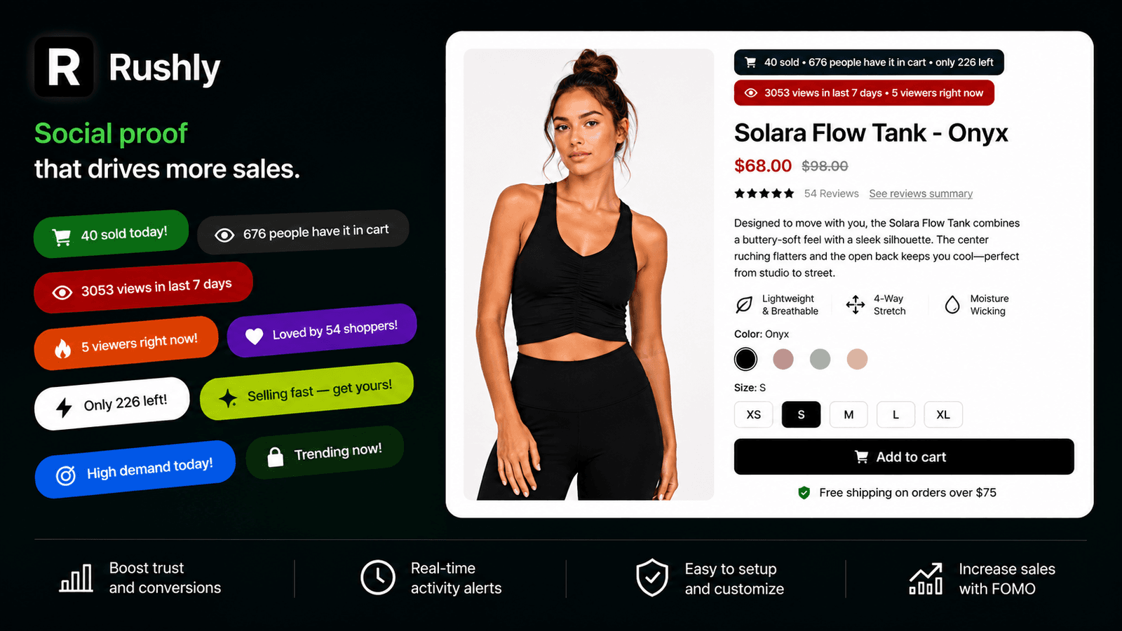 Product page with Rushly social proof FOMO badges