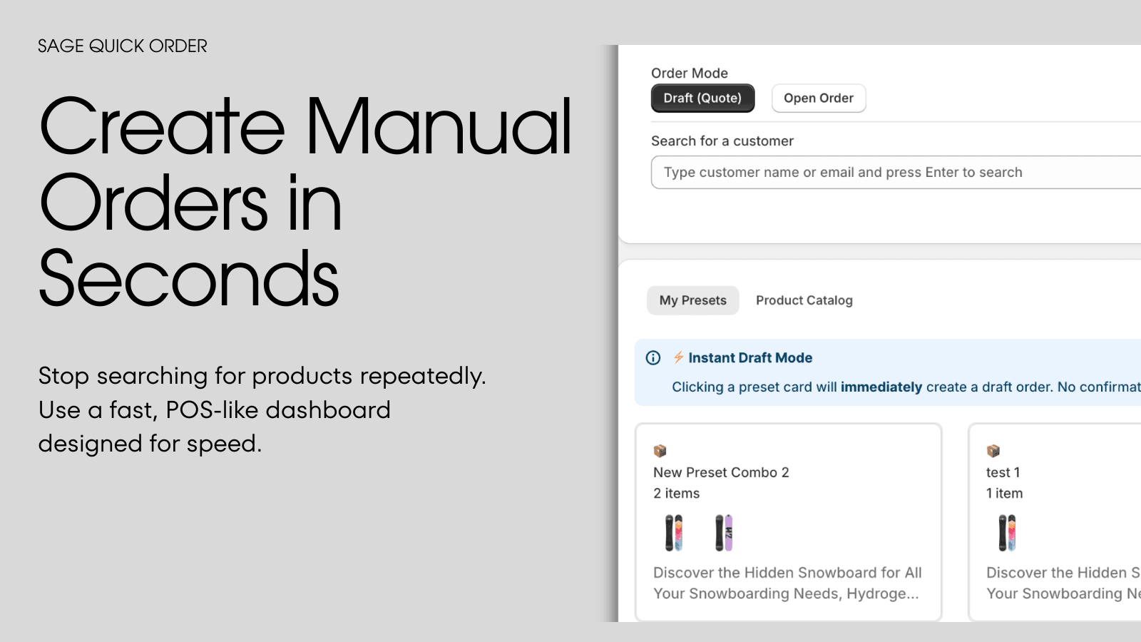 Create manual Shopify orders in seconds via dashboard