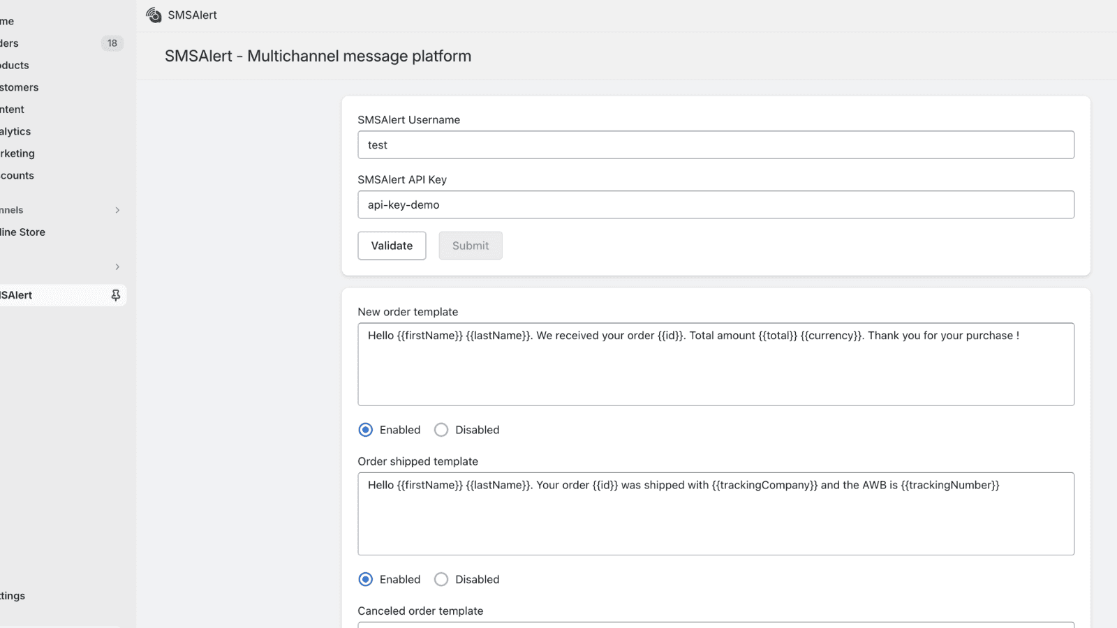 SMSAlert shopify admin