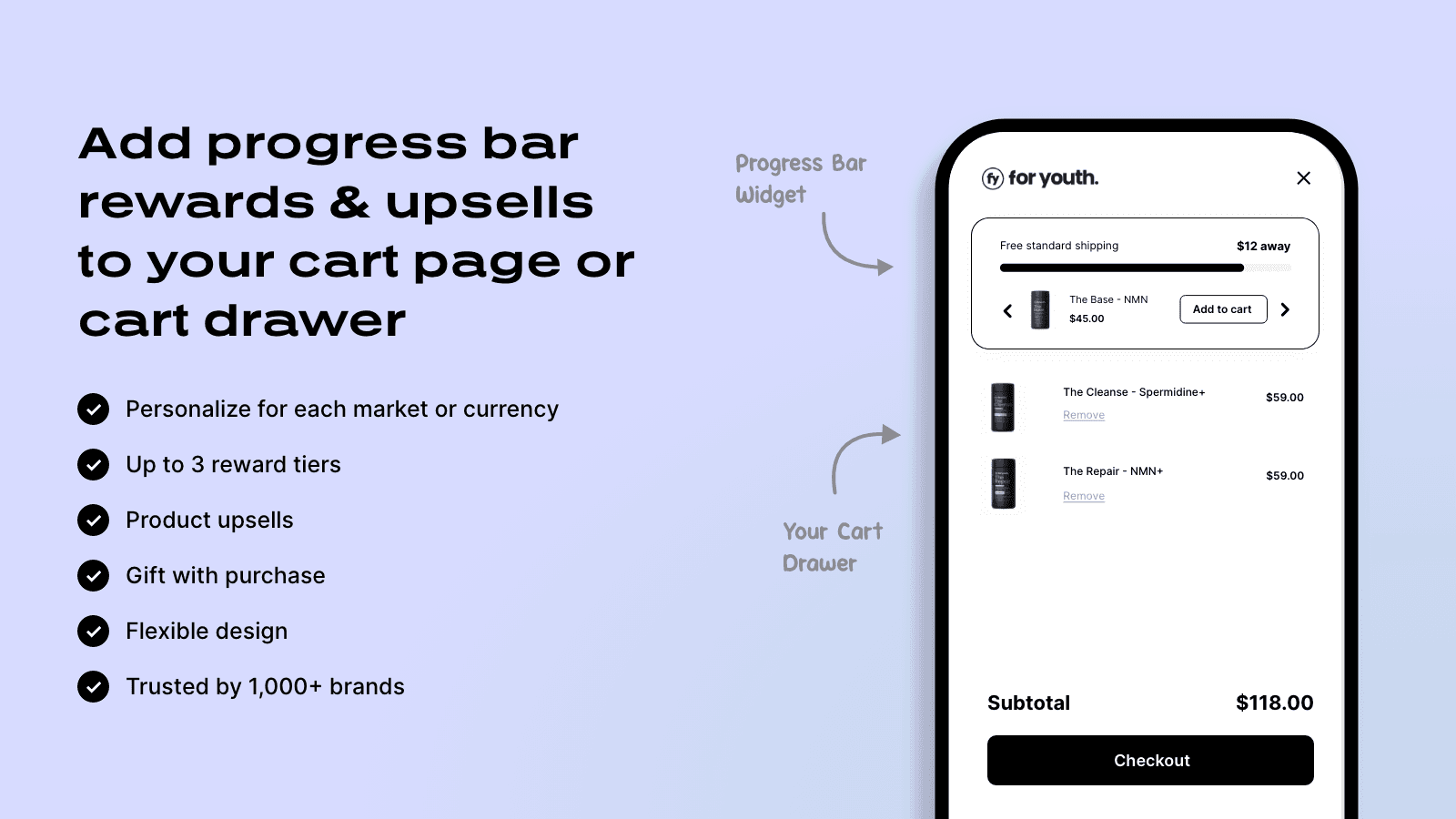 free shipping bar
- progress bar
- product upsell