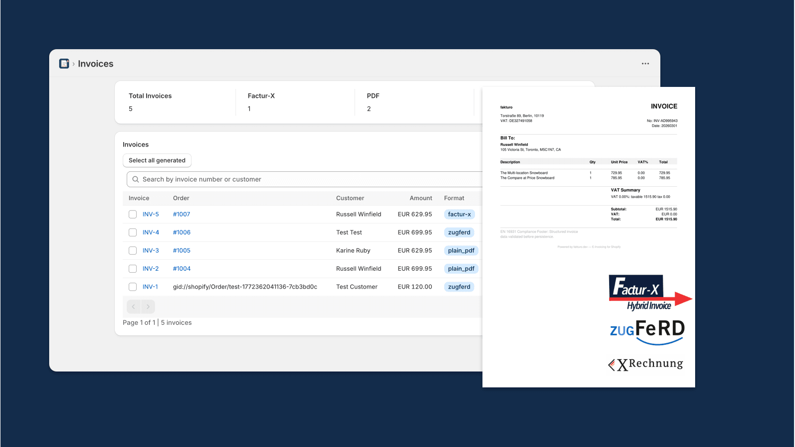 Fakturo invoice dashboard showing invoice list & a generated PDF