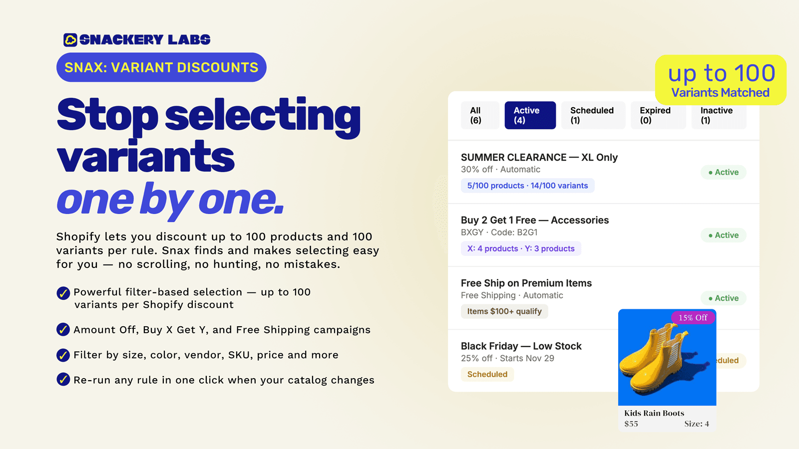 Discount rules list showing variant targeting and status tabs