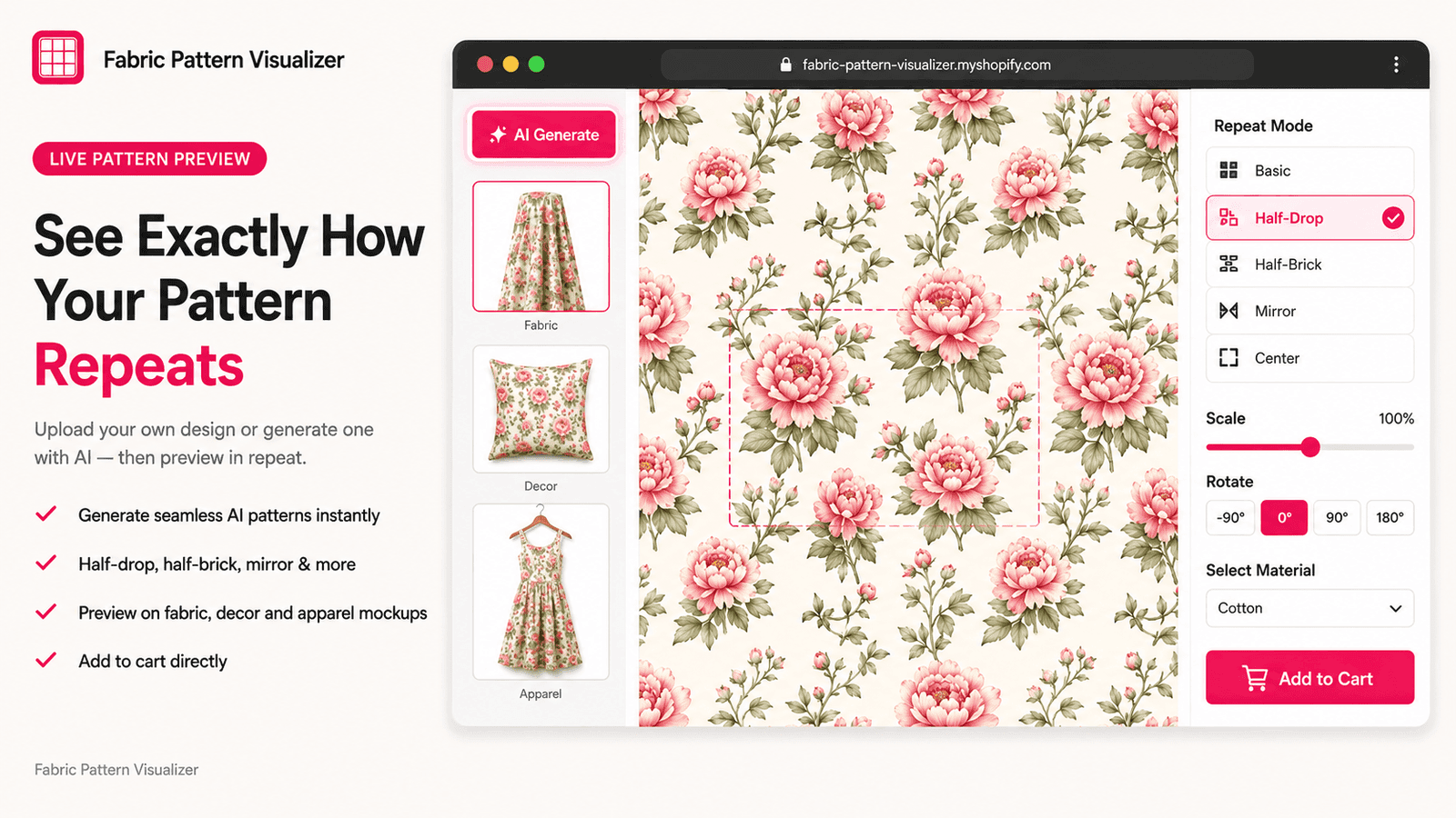 Fabric pattern half-drop repeat preview with mockups