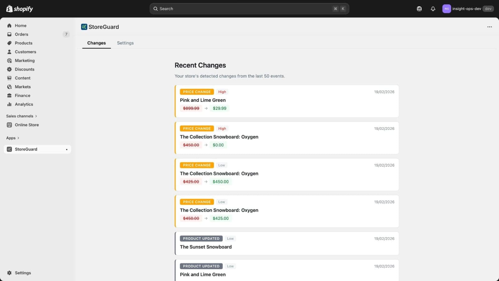 StoreGuard dashboard showing detected store changes