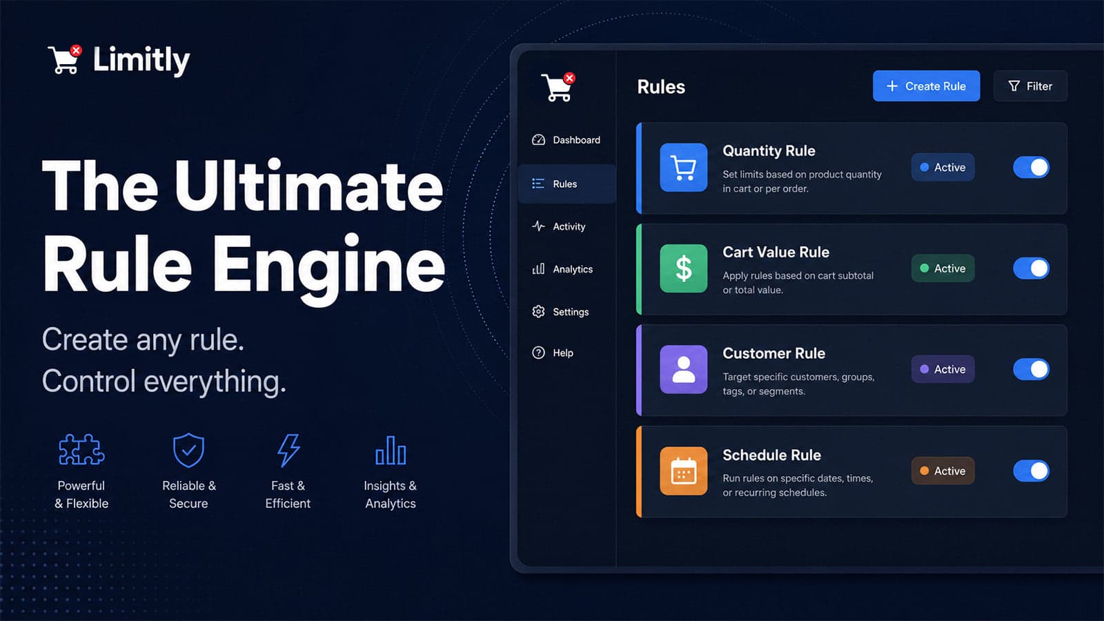 Limitly rule engine dashboard with colored rule cards