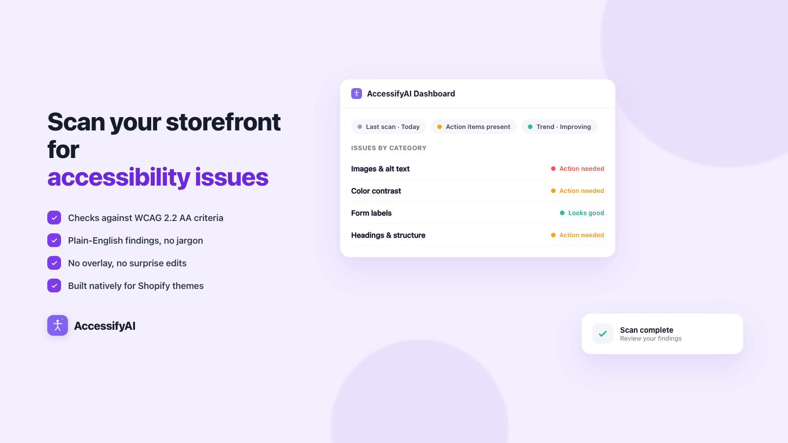 Accessify AI dashboard showing WCAG accessibility scan