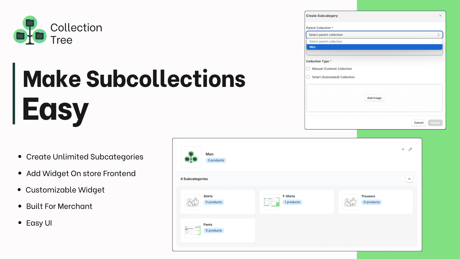 Create subcategories shopify app