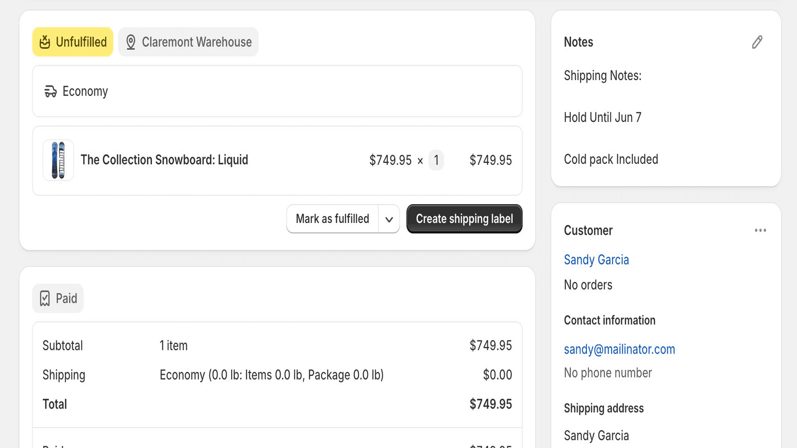 Order note example with timeline