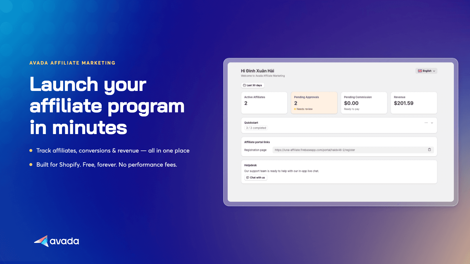 Affiliate dashboard with active affiliates and revenue