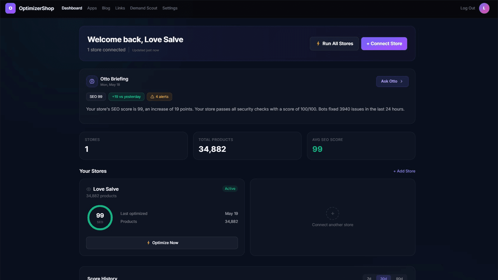 SEO health score dashboard with optimization progress