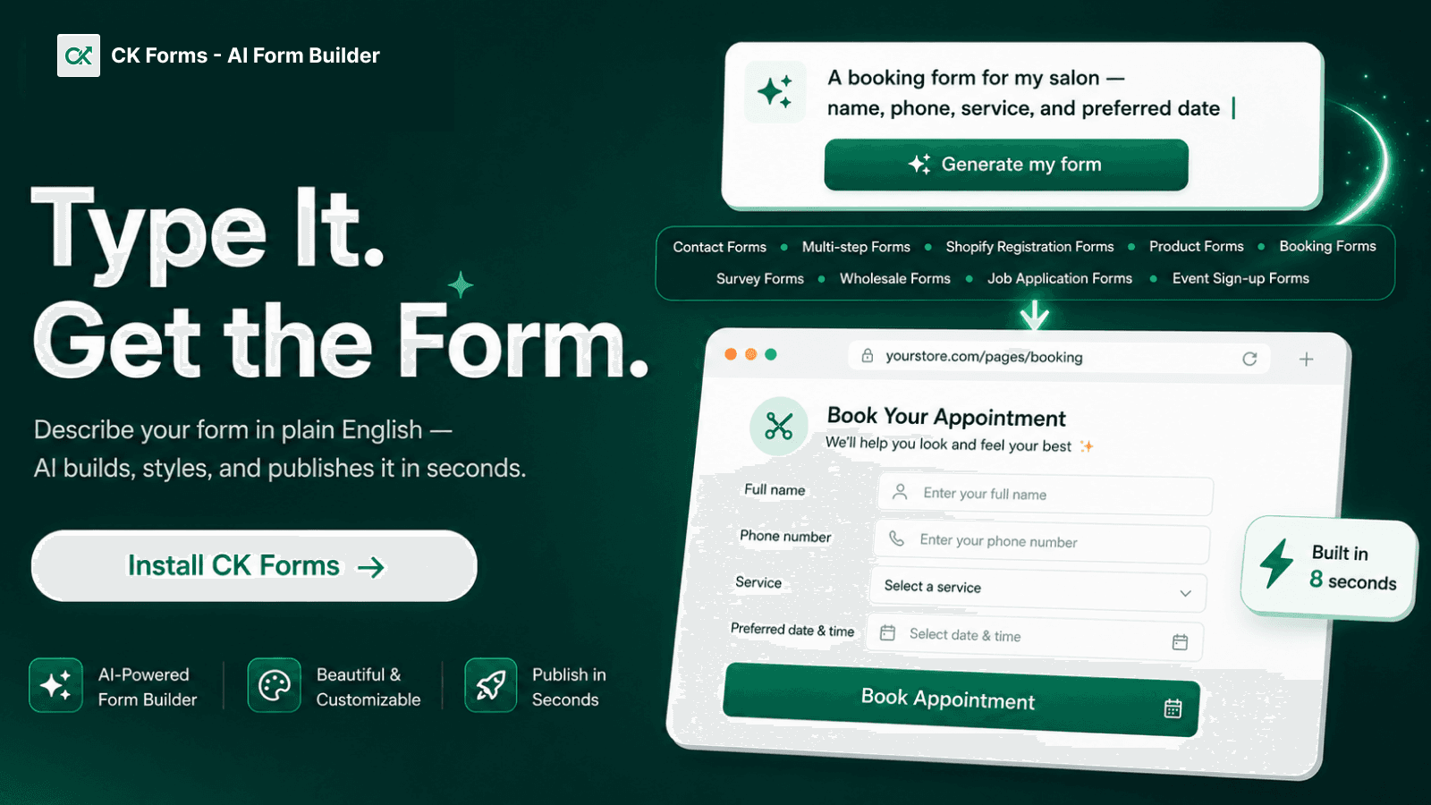 CK Forms AI Form Builder interface showing an AI assistant panel