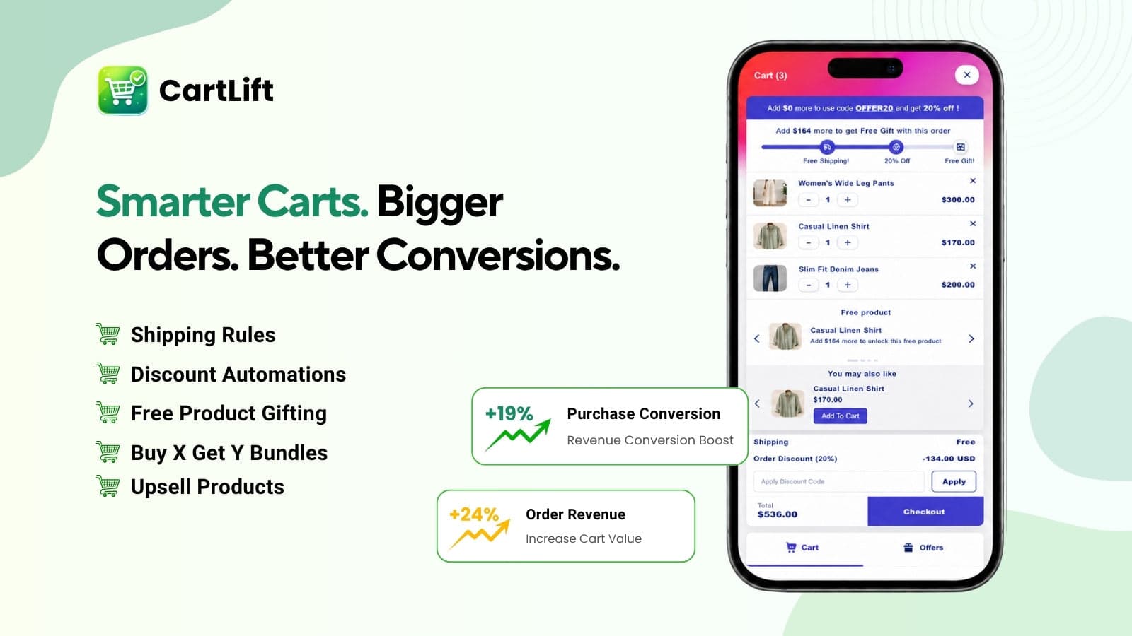 CartLift Shopify cart drawer upsell with free gifts shipping bar