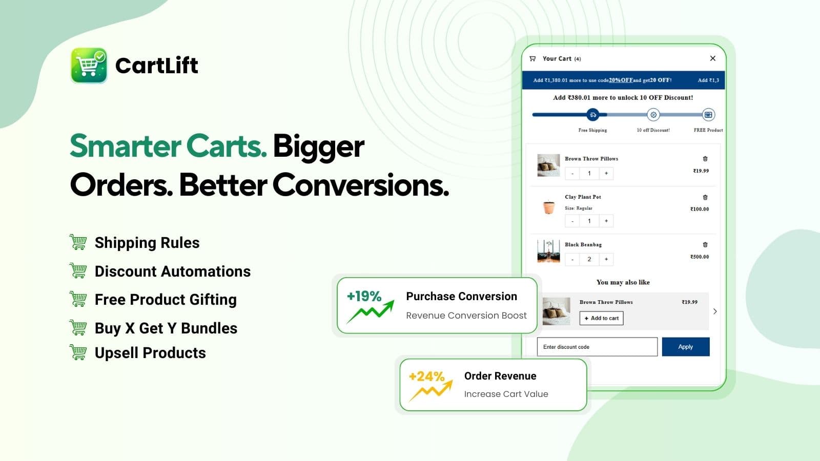 CartLift cart drawer with upsells, discounts & reward progress