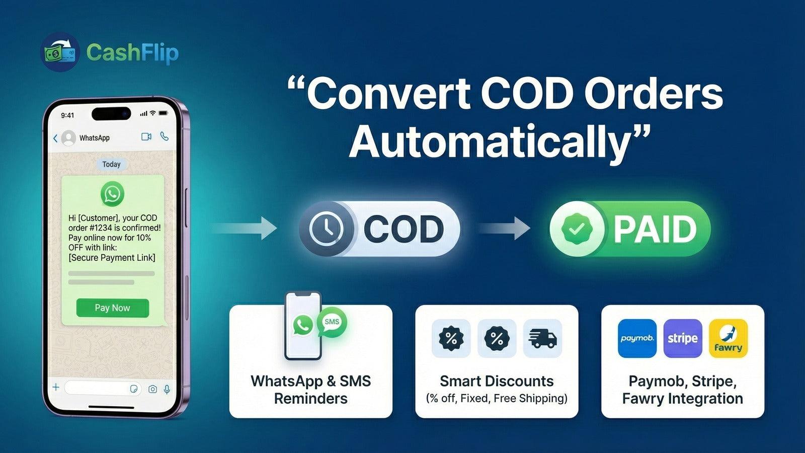 CashFlip banner showing automated COD to prepaid conversion.