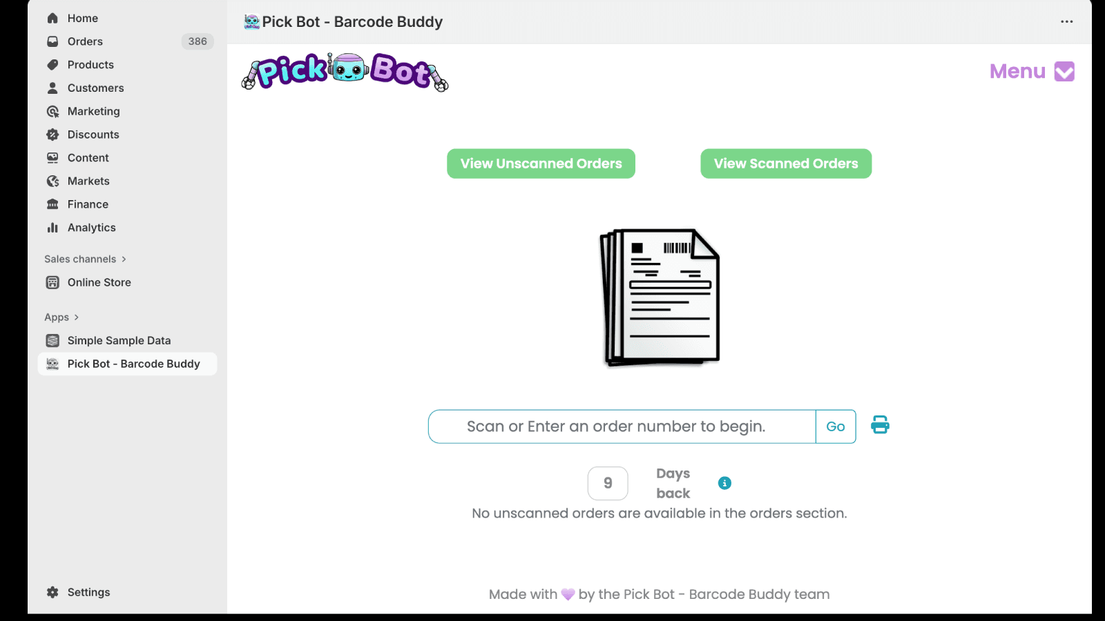 barcode scan of packing slip barcode to start