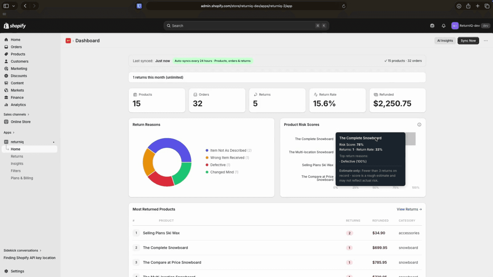 ReturnIQ dashboard with return metrics and charts.