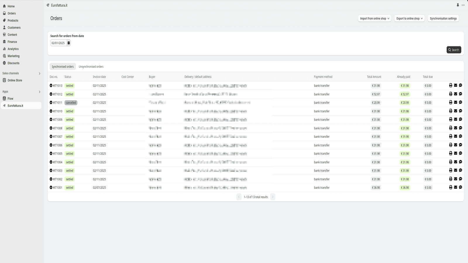 Overview of synchronized orders inside shopify admin