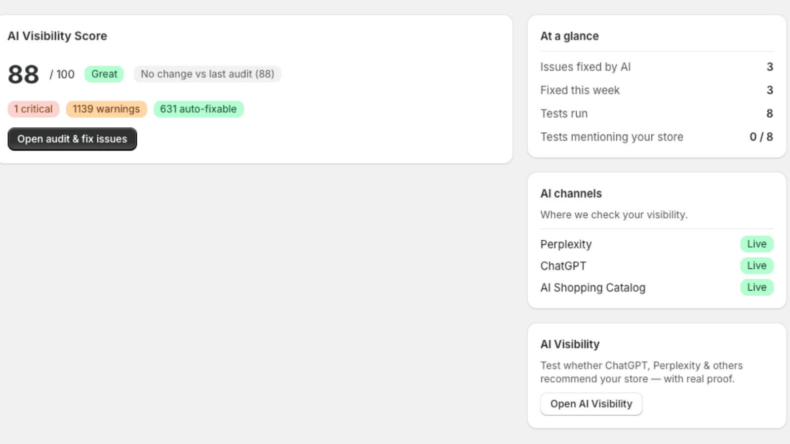 AI visibility dashboard with score, audits, and AI channels
