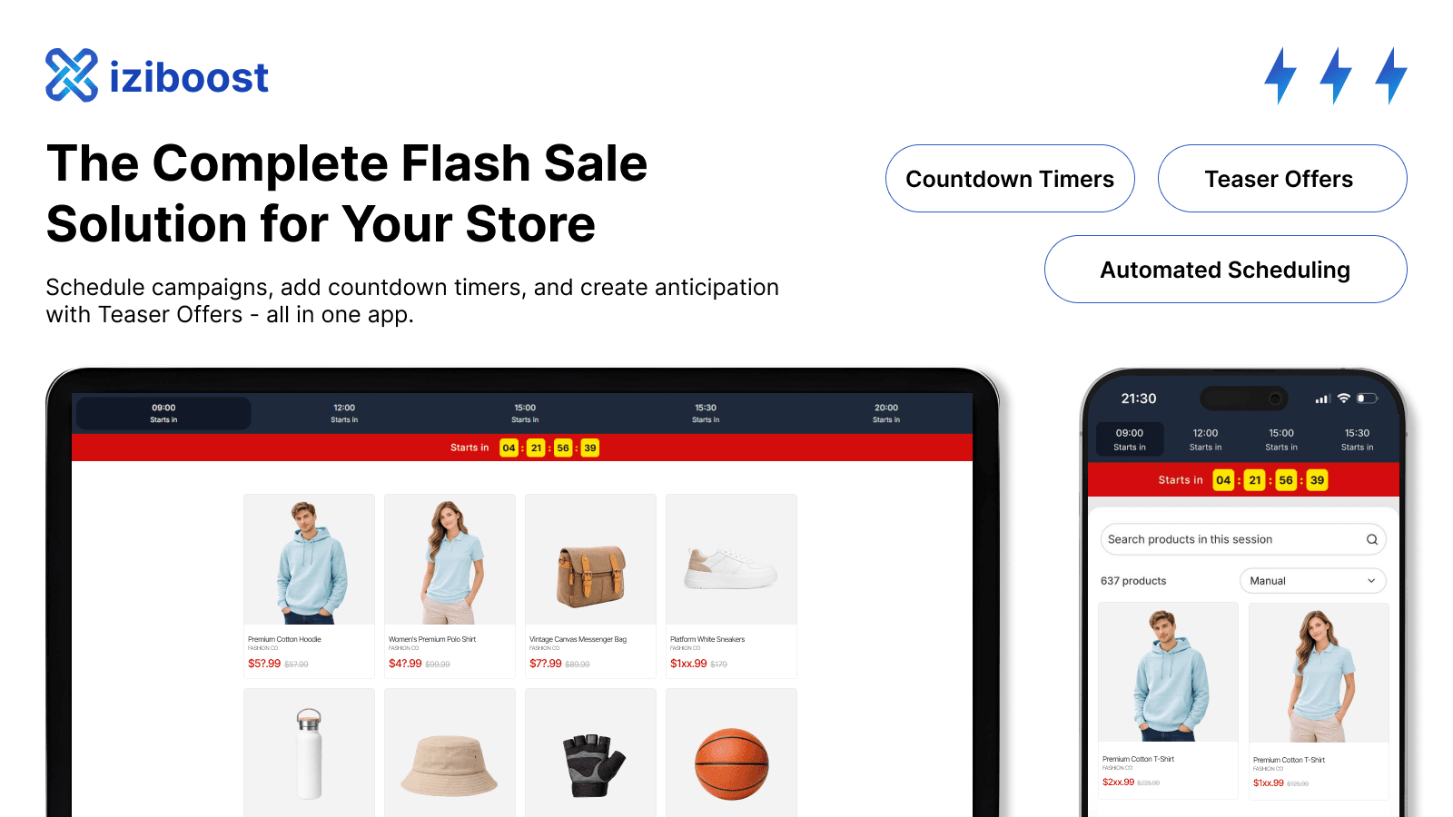 Flash sale dashboard with countdown timers and products