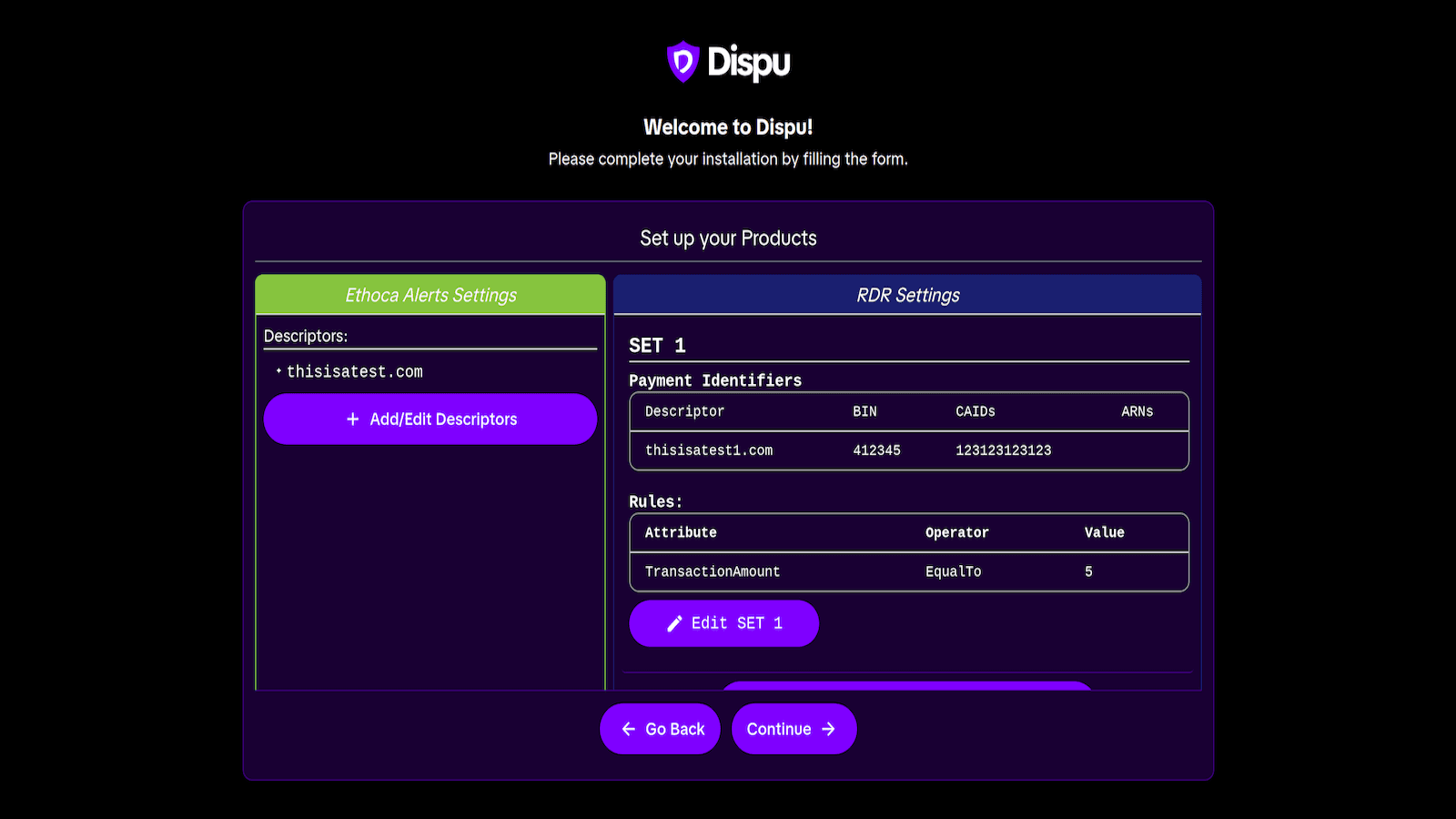 Dispu setup page