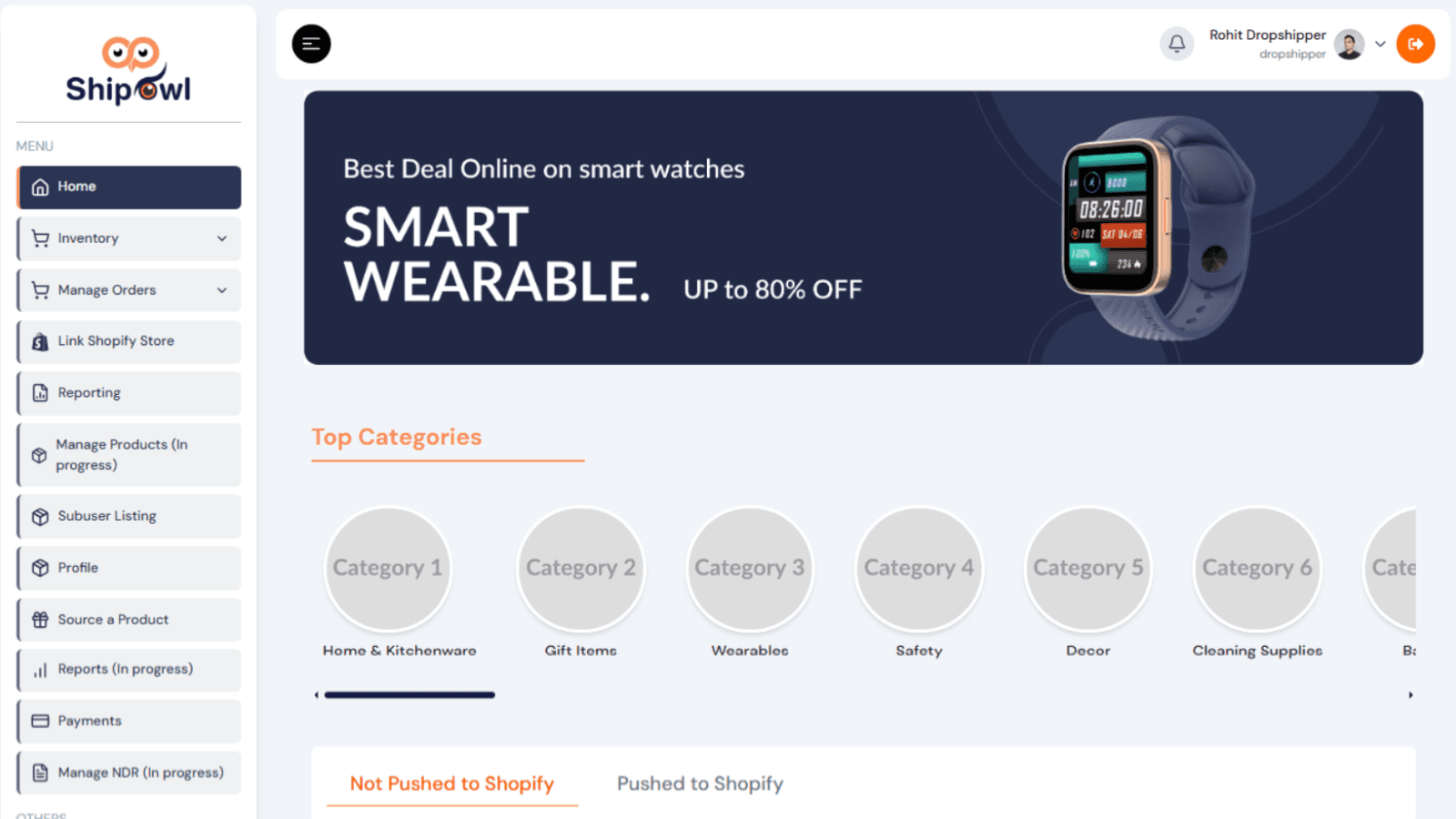 A dashboard interface of the "Shipowl" platform for dropshippers