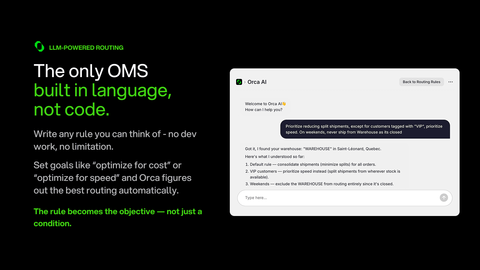 Orca AI chat writing a plain-language routing rule