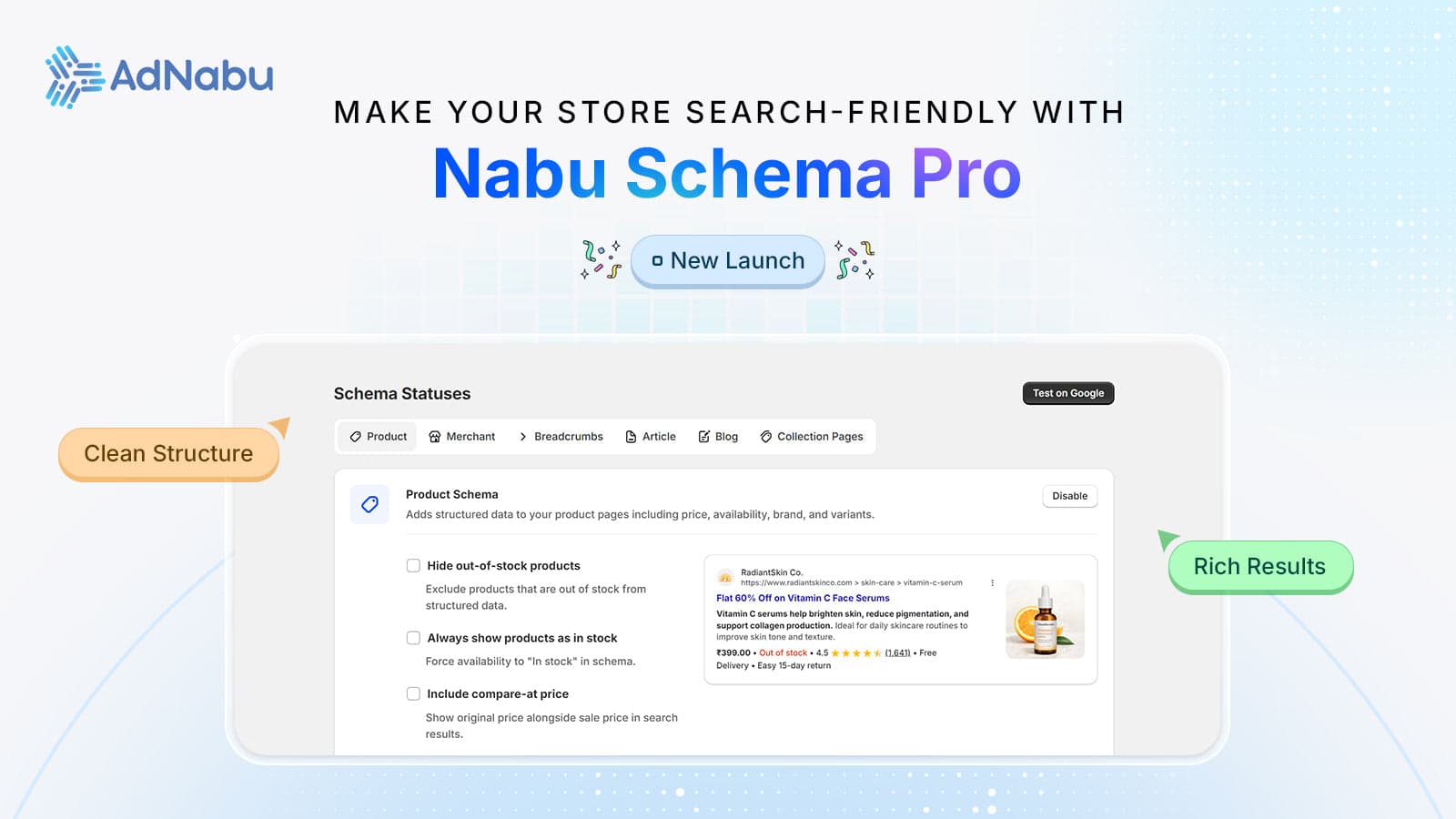 Nabu Schema Pro rich snippets dashboard for Shopify stores