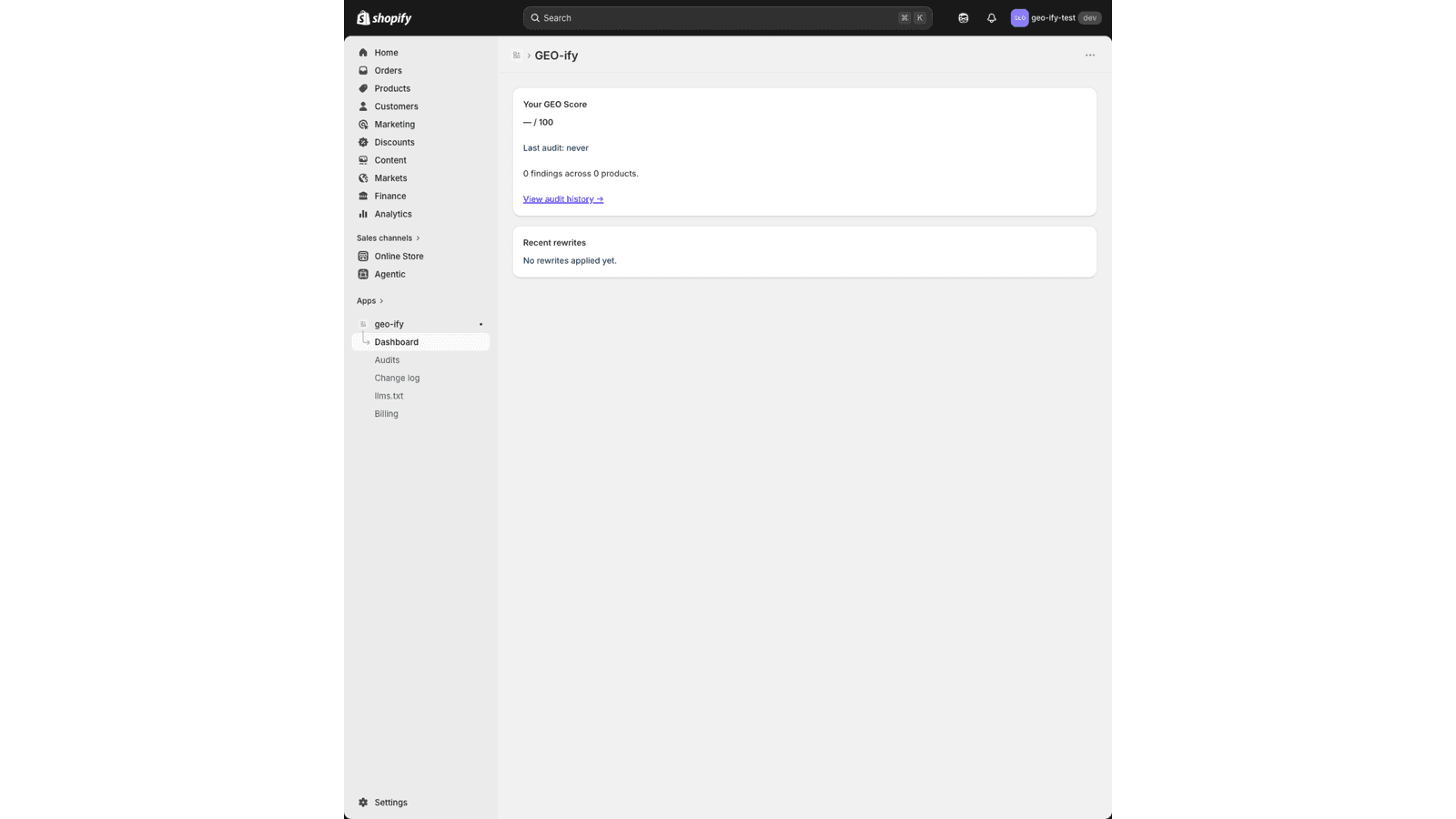 GEO dashboard with AI shopping readiness scores per channel