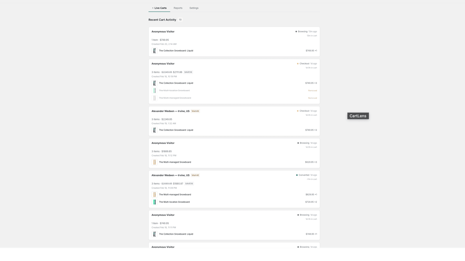 Live cart feed with status, items, and cart totals