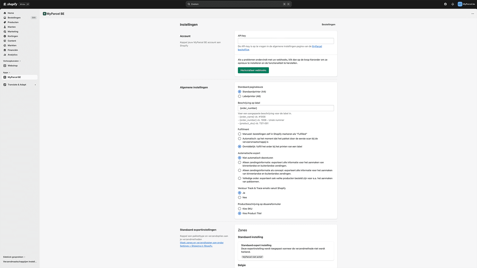 API settings and shipping options