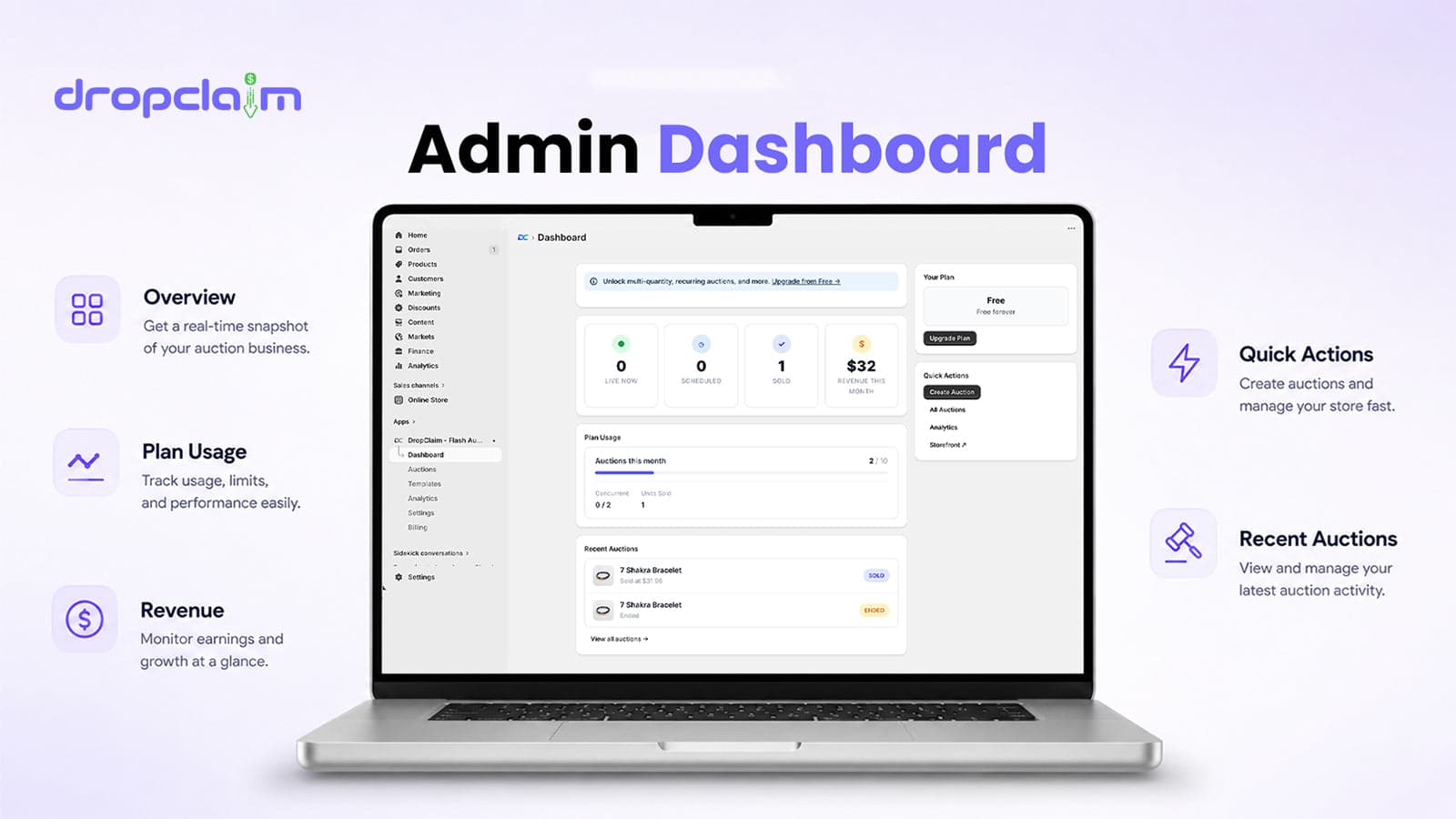 DropClaim dashboard showing live stats and recent auctions